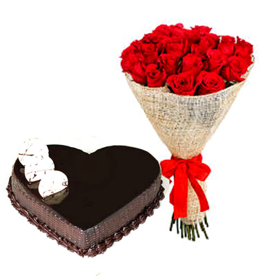 Roses With  Heart Shape Chocolate Cake