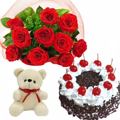 12 red rose 1 kg black forest cake  & 6 inch teddy