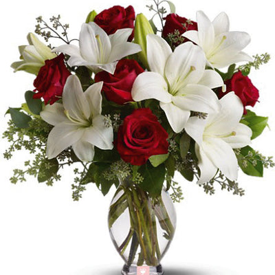 Pretty White lily and Red Rose with vase