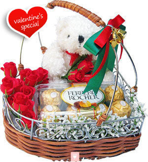 10 Red Roses, 16 pcs Ferrero Rocher and 6 inch Teddy with Basket