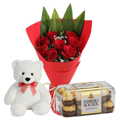 Bunch of 12 roses 12 inch teddy and 16 Pcs  ferrero rocher