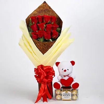 12 Red Roses, 6 inch Teddy Bear and 16 pcs Ferrero rocher