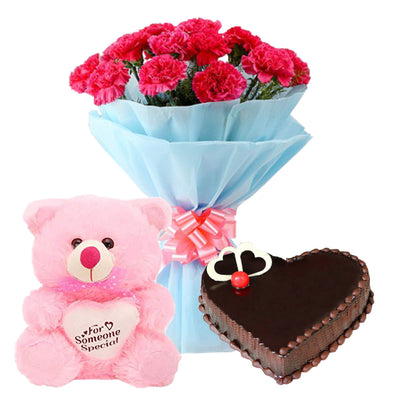 A bunch of 15 Red carnation  1/2 kg  chocolate cake and (12 inch lovely pink teddy bear)