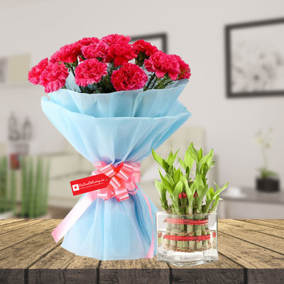 pink carnation  & 2 layer Bamboos With Vase