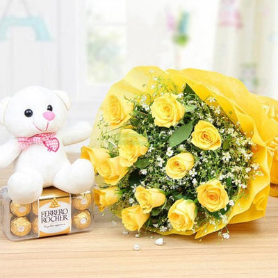6 Yellow Roses and  6 inches of Teddy Bear and Ferrero Rocher