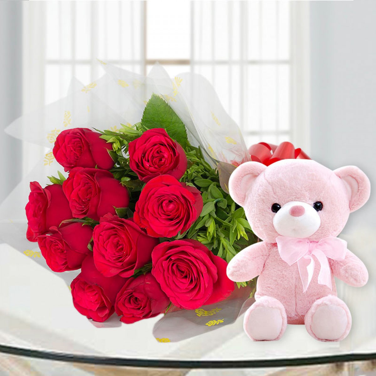 Buy Red roses with teddy bear Online at 