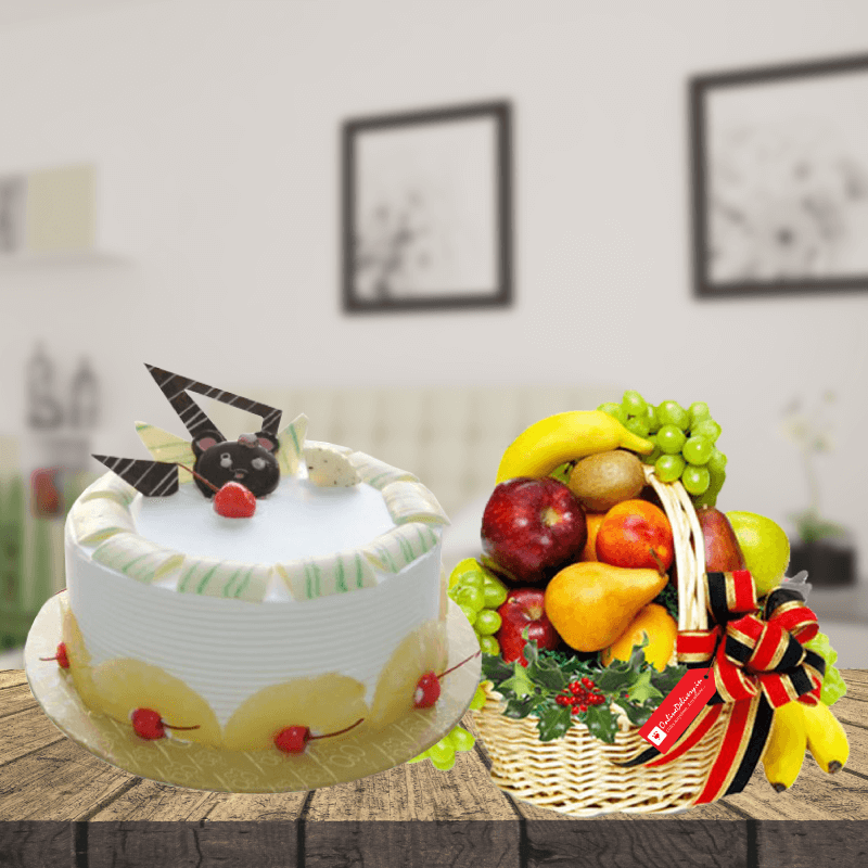 Cakes :: Combo :: Cake & Fruits :: Pineapple cake with fruits basket