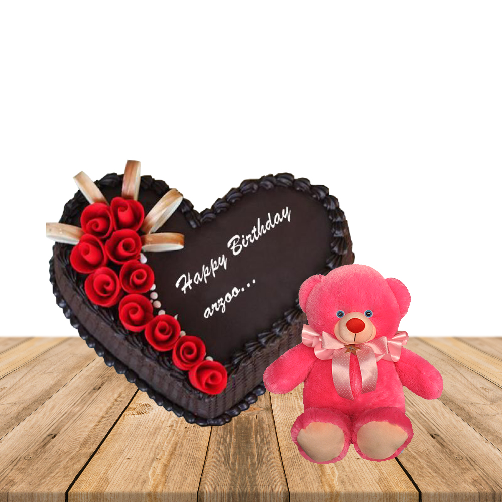 Buy 1 kg heart shape Chocolate cake & cute teddy bear Online at ...