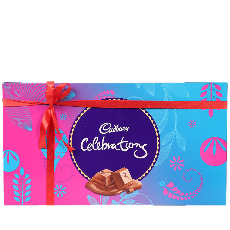 Designer Rakhi with Cadbury Celebrations Gift Pack of 5 Assorted Chocolates  and Roli Chawal Pack, Best Wishes Greeting Card - eCraftIndia Online