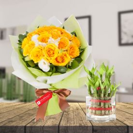 Yellow and white roses & 2 layer bamboo with Vase