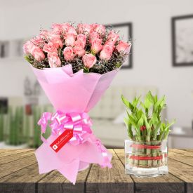 Pink Rose with bamboo & vase