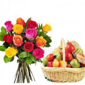 Red Roses with Mixed Fruits in Basket