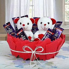 Couple teddy arrangements with chocolates