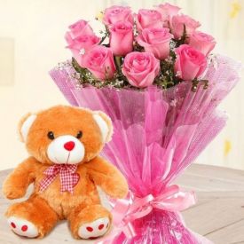 A bunch of 15 pink Flower, and (6 inches)Teddy Bear