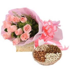 Pink Roses with Dry Fruits in Basket