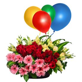 Basket of 20 mixed gerberas with 10 Balloons