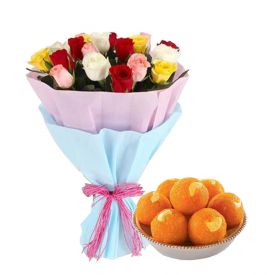 Bunch of 10 Mixed Roses with Motichur Laddoo