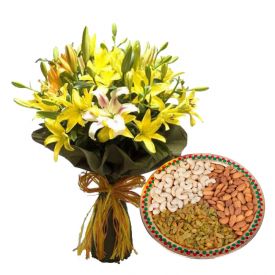 Vase of 10 Mixed Lilies With 1 Kg Dry Fruits