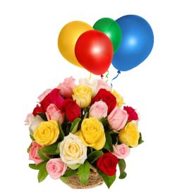Basket of Mixed Roses with balloon
