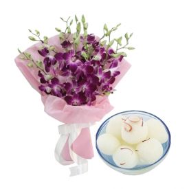 Bunch of 10 Purple Orchid and 1 Kg Rasgulla
