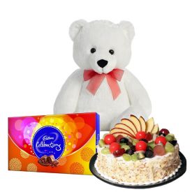 1kg fruit cake with 6inch teddy bear and 1 cadbury celebrations
