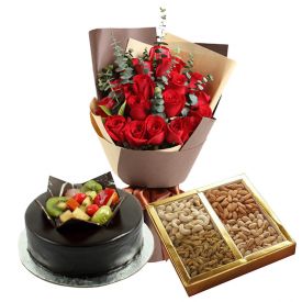 Red Roses, Mixed Dry fruits and chocolate fruits cake