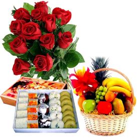 Red Roses with Mixed Sweets and Mixed Fruits
