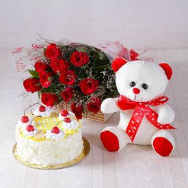 20 Red Roses, Pineapple Cake With Teddy