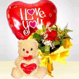 12 Roses Bouquet,1 Pcs Balloon and 6 Inch Teddy Bear