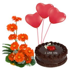 1/2 kg chocolate cake, 3 heart shaped balloons and 10 gerberas
