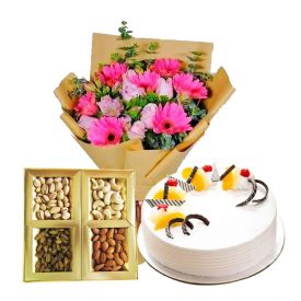 Half Kg Dry fruits,12 Mixed Flowers and 1/2 kg Pineapple Cake