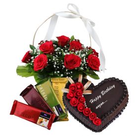 Basket of roses, heart shaped cake and temptation