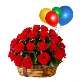 Basket of 50 Red roses with 10 Balloons