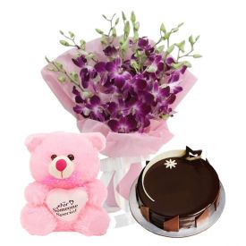 A bunch of 10 purple orchid 1 kg chocolate cake and (6-inch-teddy bear)