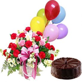 A Basket of 20 Mixed Roses, 1/2 Kg Chocolate Cake and 6 Balloon