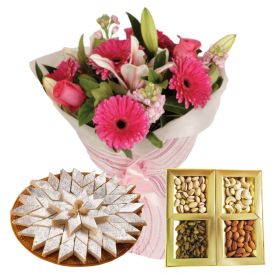 A Bunch of 12 Mixed Flower,1/2 Kg Mixed Dry Fruits and 1/2 Kg Kaju Katli