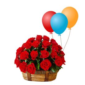 Basket of 20 Red roses with 10 Balloons