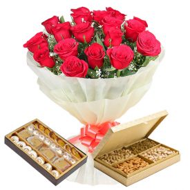 15 Red Roses Bouquet With Sweets & Dry Fruits