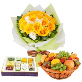 Yellow Roses with Mixed Sweets and Mixed Fruits