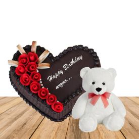 1 kg chocolate heart shape cake with cute teddy bear