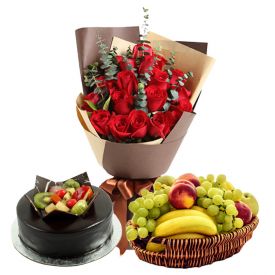 20 Red Roses and 3 kg fruits in Basket and 1 kg chocolate fruit cake