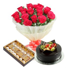 15 Red Roses, 1 Kg Chocolate Fruit cake and 1 Kg mixed sweets