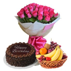 Pink Roses with cake and fruits