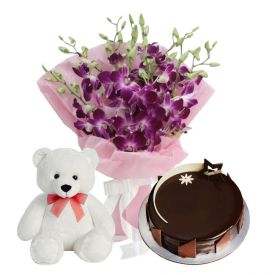 A bunch of 12 Purple orchid 1/2 kg chocolate truffle cake and (12-inch-teddy bear)