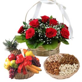 1/2 kg dry fruits , 20 red roses basket and 2kg mixed fruits