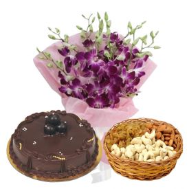 10 purple orchids, 1 kg ,dry fruits and 1/2 kg chocolate cake