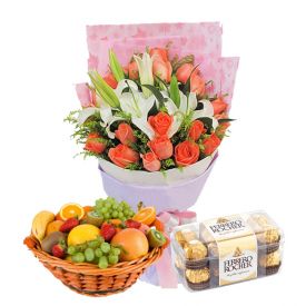 12 Mixed Flowers and 2kg Mixed Fruits,16 Pcs Ferrero Rocher Chocolates Basket