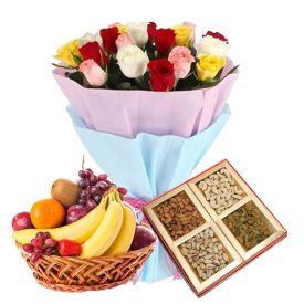12 Mixed Roses, 2 Kg Mixed Fruits and 1/2 Kg Dry fruits
