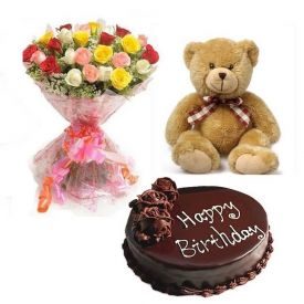 Mixed roses, chocolate cake and teddy