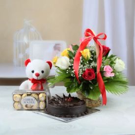 Mixed Roses, chocolate cake, ferrero Rocher with teddy